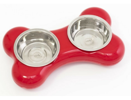 Comedouro Duplo para Cães HING Osso Vermelho