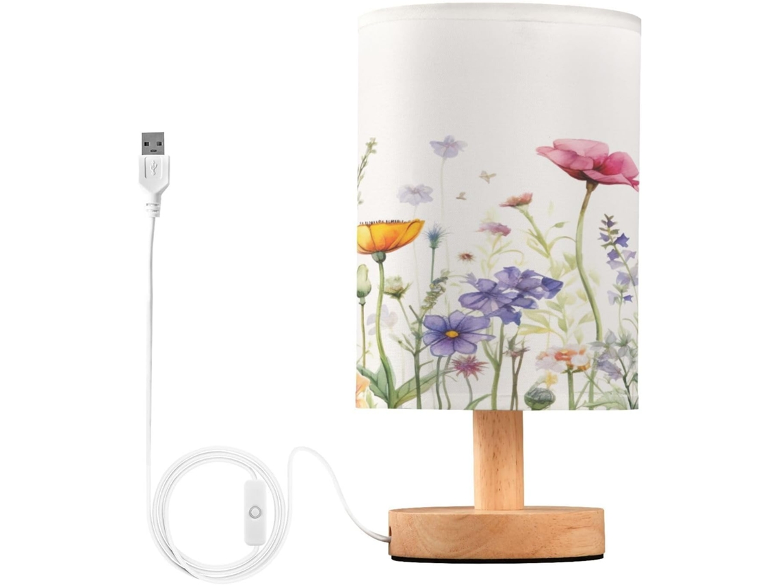 Luminária De Cabeceira Led Com Portas Usb Leitura Mesa Para Quarto Cúpula Tecido E Base Madeira Escritório Dormitório