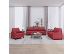Vidaxl 3 Pcs Conjunto Sofás C/ Almofadões Couro Artif. Vermelho Tinto