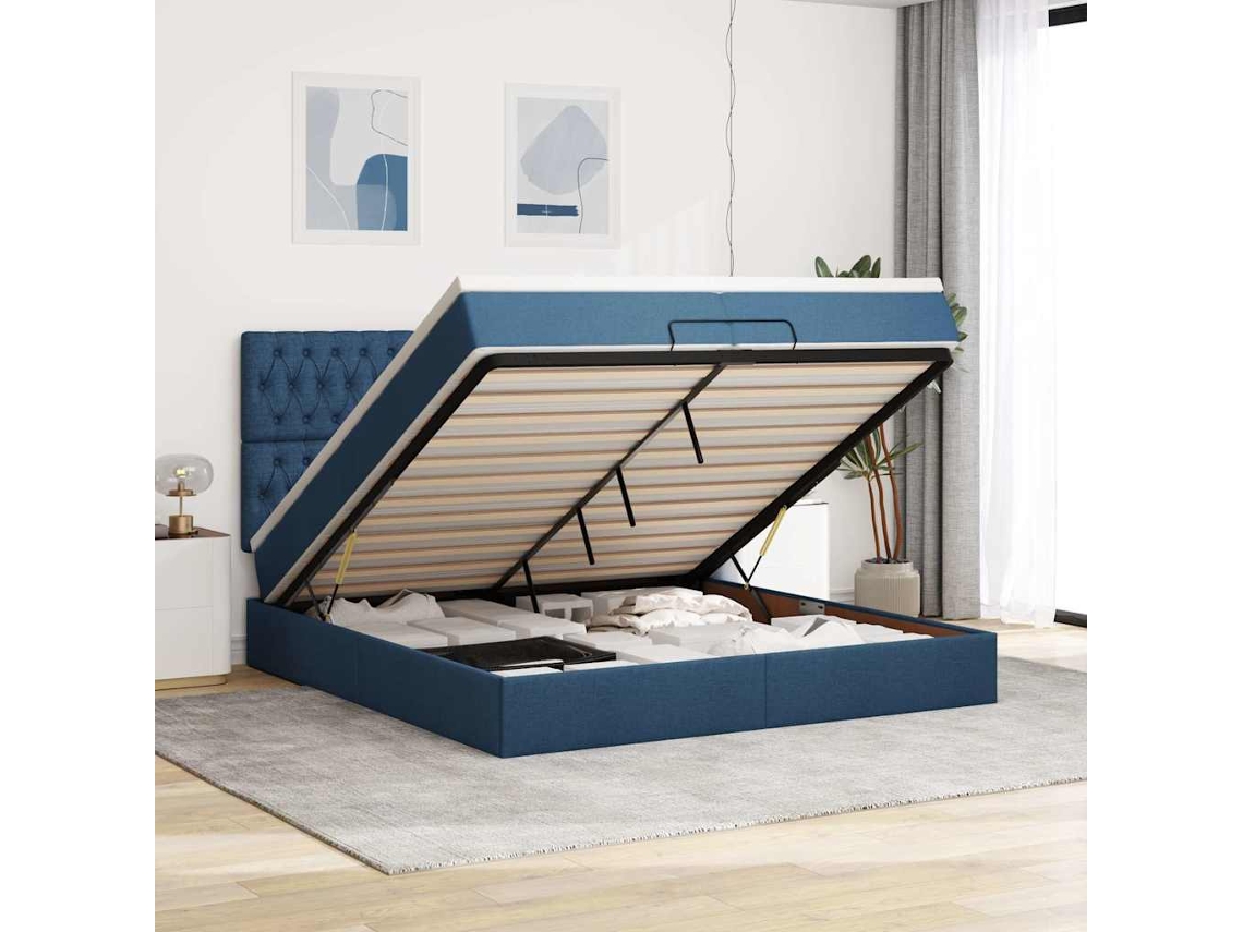 Vidaxl Estrutura De Cama Otomana Com Colchões 200x200cm Tecido Azul