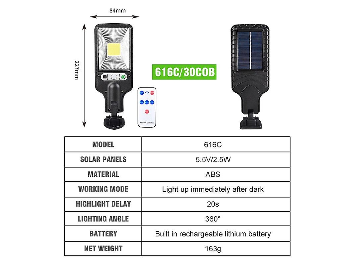 Lurelia Luminária Solar De Rua Com 160 W, Sensor Pir, Controlo Remoto, Recarregável, Para Exterior