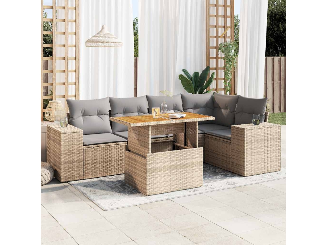 Vidaxl 6 Pcs Conjunto De Sofás P/ Jardim Com Almofadões Vime Pe Bege