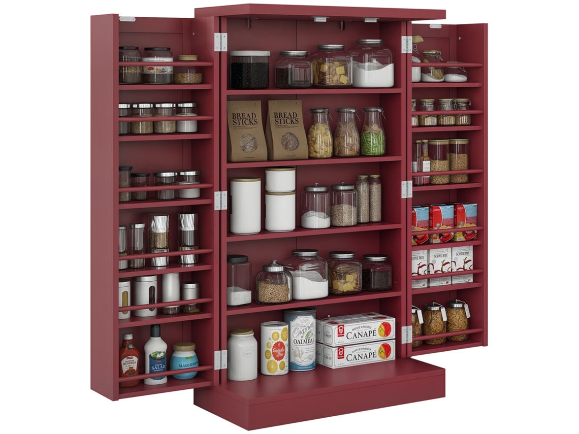 Armário de Cozinha Despensa de 2 Portas com 5 Prateleiras e 12 Prateleiras de Temperos 60 X 30 X 104 Cm Vermelho Ge