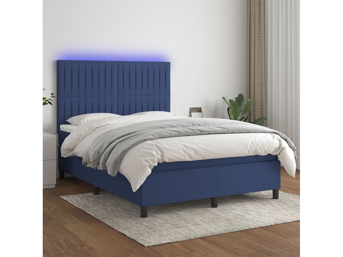 Vidaxl Cama Box Spring C/ Colchão E Led 140x200 Cm Tecido Azul