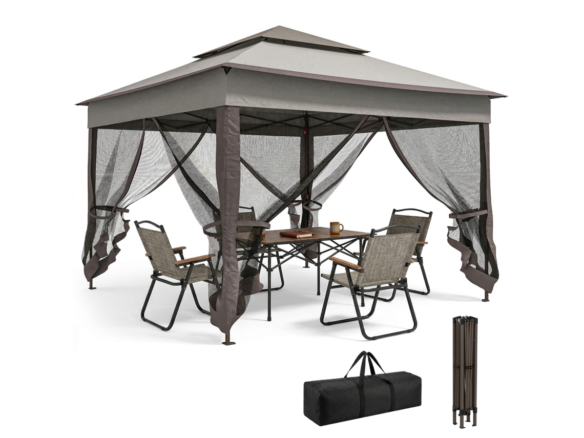 Gazebo Dobrável 3,3x3,3m com 4 Paredes Laterais em Tela Mosquiteira Anti UV e Bolsa de Transporte, Cinza