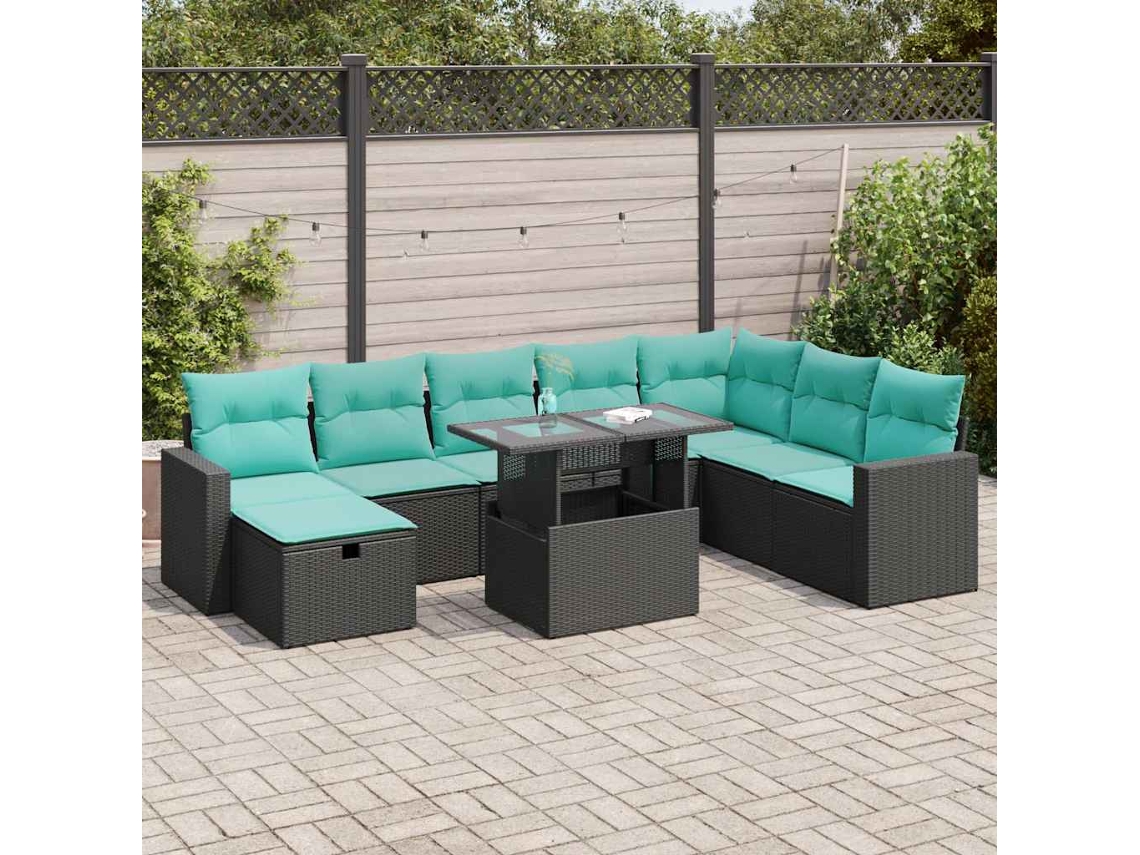 Vidaxl 9 Pcs Conjunto Sofás Jardim Almofadões Vime Pe/acácia Cinzento