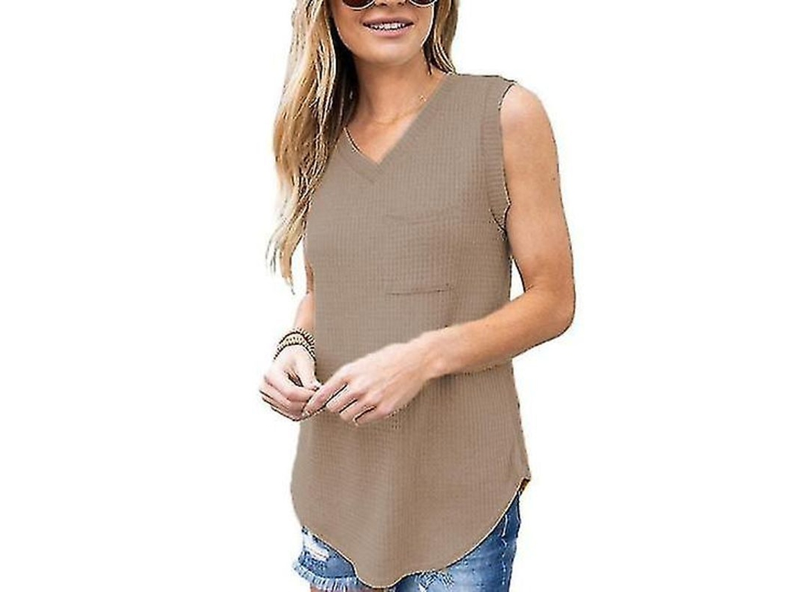 Blusa Feminina De Verão Casual Fashion Com Gola V Sexy, Tecido Poliéster Solido, Confortável E Durável Khaki