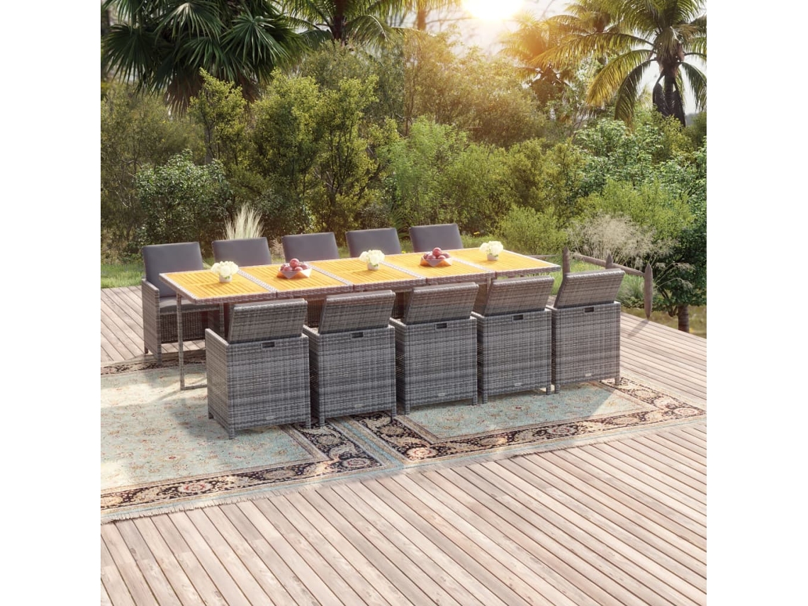 Vidaxl 11 Pcs Conjunto Jantar P/ Jardim C/ Almofadões Vime Pe Cinzento
