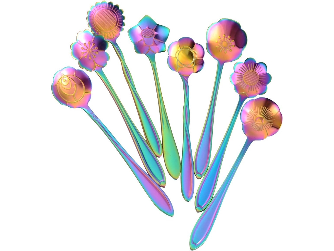 Conjunto de Colheres Florais em Aço Inoxidável 8 Peças Colheres Reutilizáveis para Chá e Café NEVEANCE