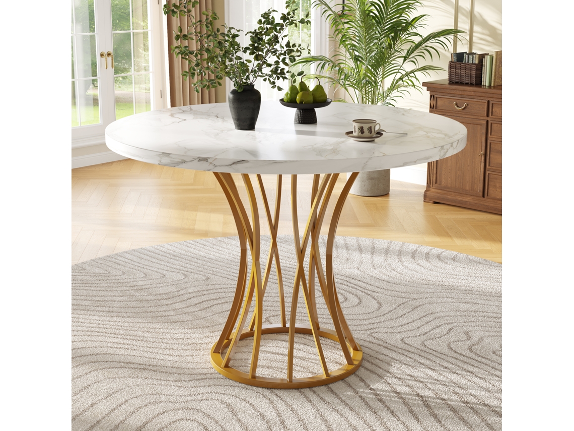 Mesa de Jantar Redonda Leve e Luxuosa com Textura de Mármore e Pés Dourados HONGRUI TECH (80x80x76 cm)