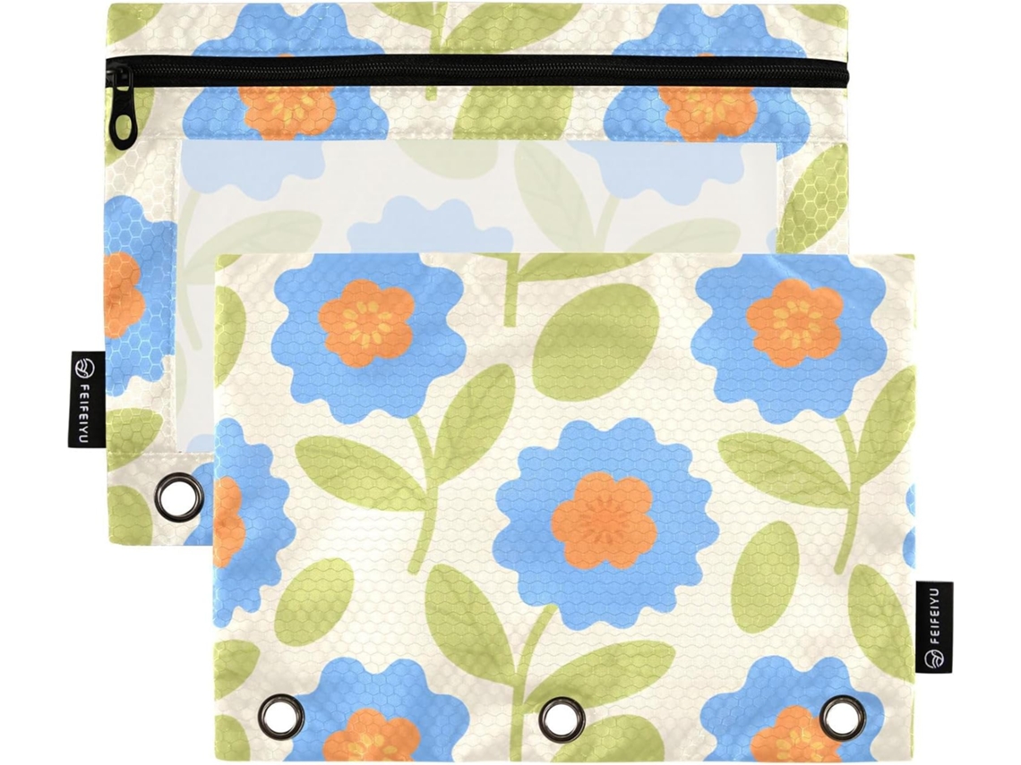 Pasta Plástica Azul Com Estampa De Flor E Janela Transparente, Estojo Grande Lápis Com Ilhós Reforçados E Fecho