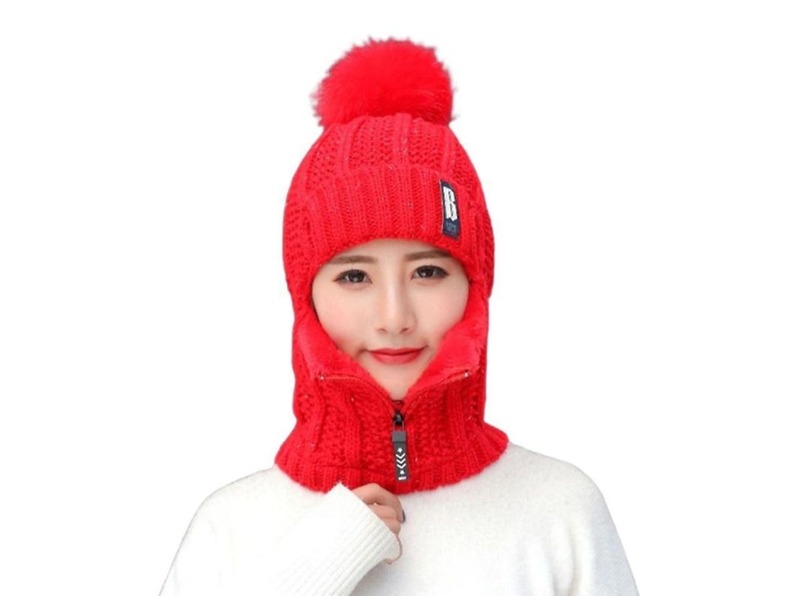 2026 gorro de Lana Tejido para Mujer Invierno Antiviento Con Cremallera Y Cubrimanos Polar Qxc Rojo