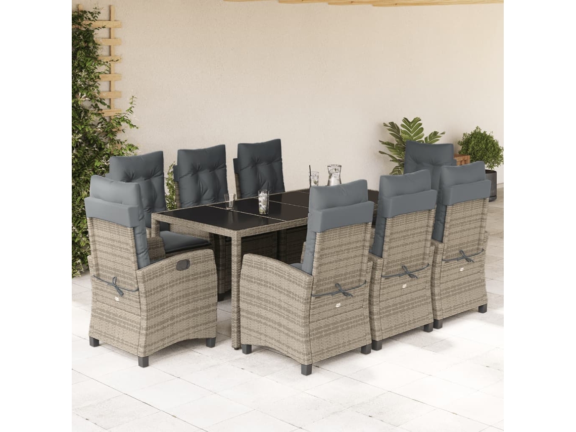 Vidaxl 9 Pcs Conjunto de Jantar P/ Jardim C/ Almofadões Vime Pe Cinza