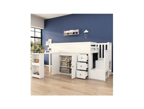 Cama Alta Infantil, Cama Infantil Multifuncional, Com Escrivaninha E Compartimento Lateral, Com Armário, Com Gaveta, Com Escada E Armário De Escada, S