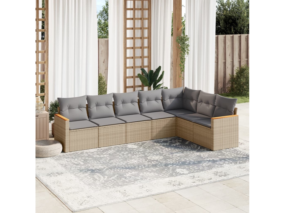 Conjunto de 7 Sofás para Jardim com Almofadas Vime Pe Bege Dkd Home Decor