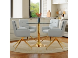 Conjunto de mesa e cadeiras NOVELA com mesa de 85 cm de vidro, base metálica, 4 cadeiras giratórias 360° douradas/cinza/transparente