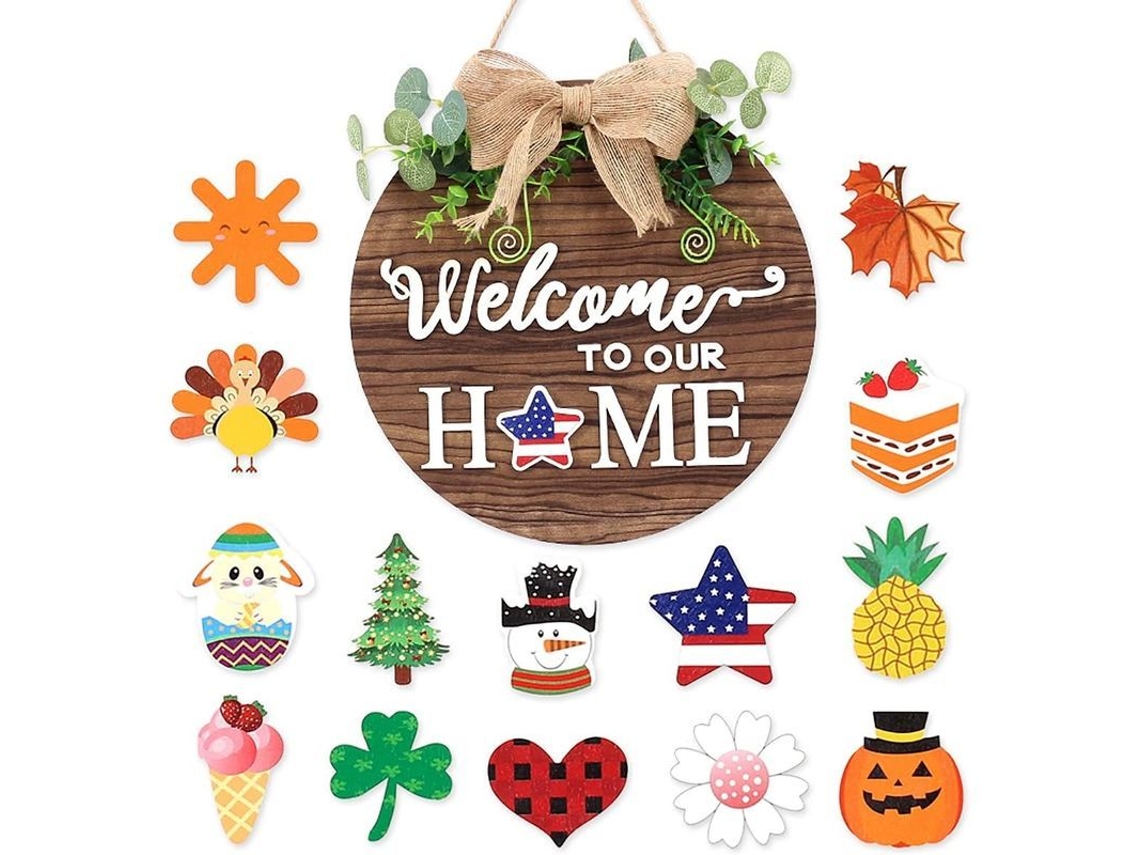 Cartel De Bienvenida De Madera Para Puerta Principal Con 14 Decoraciones Intercambiables De Temporadas Y Fiestas