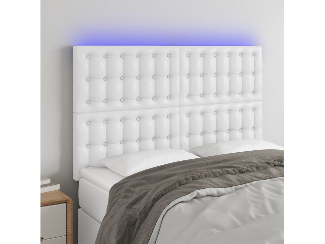 Vidaxl Cabeceira Cama C/ Led Couro Artificial 144x5x118/128 Cm Branco