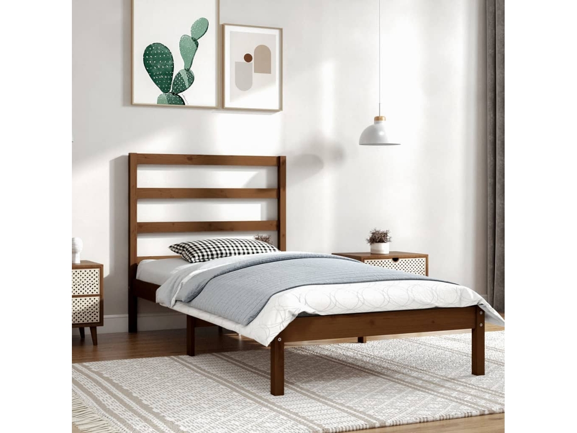 Estrutura De Cama 100x200 Cm Madeira Pinho Maciço Castanho Mel