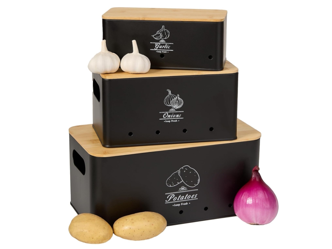 Conjunto 3 Caixas Legumes - Caixa Batatas - Recipiente Armazenamento Cozinha - Com Tampa - Aço Carbono - Preto