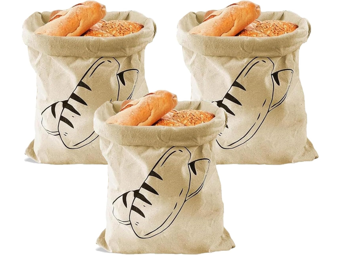 Conjunto de 3 Sacos para Pão, 30× 40 Cm, em Tecido, Reutilizáveis, com Cordão, Ideais para Armazenar Pão, Frutas e Legumes BRILVIBERA