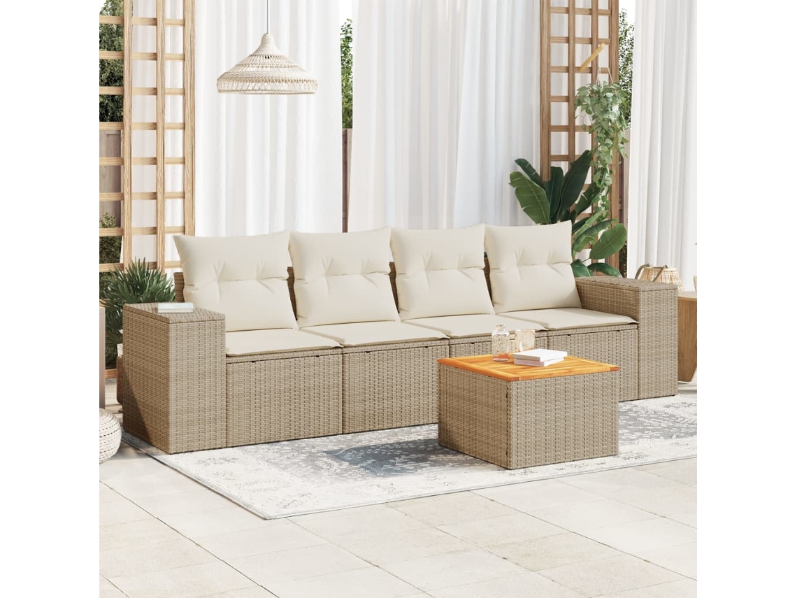 Vidaxl 5 Pcs Conjunto De Sofás P/ Jardim Com Almofadões Vime Pe Bege