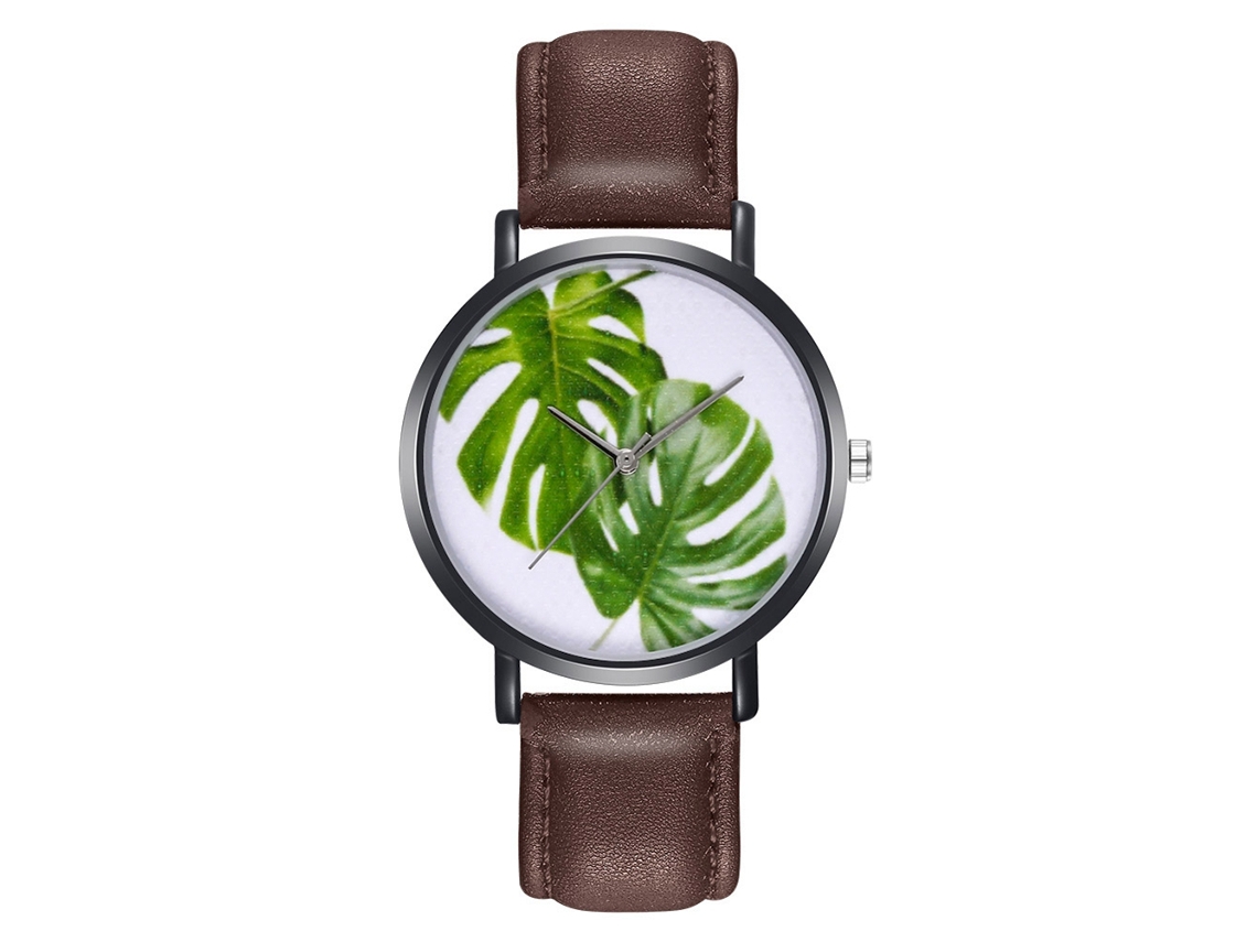 Relógio de quartzo unissex com pulseira de couro PU, estampa simples de folhas, cor café, Zhoulianfa