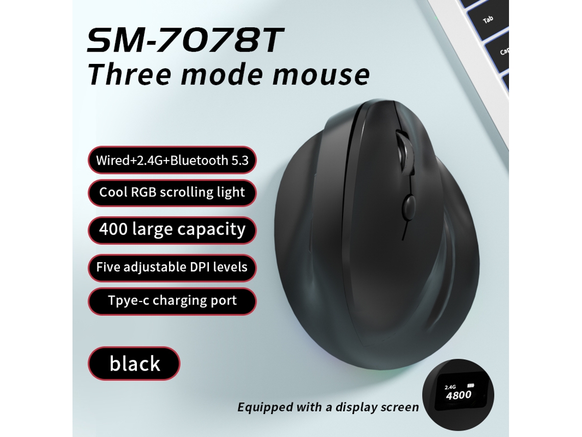 Rato Ergonómico Yizhood Wired Triplo Modo Vertical Com Indicador De Nível De Bateria 4800 Dpi Preto