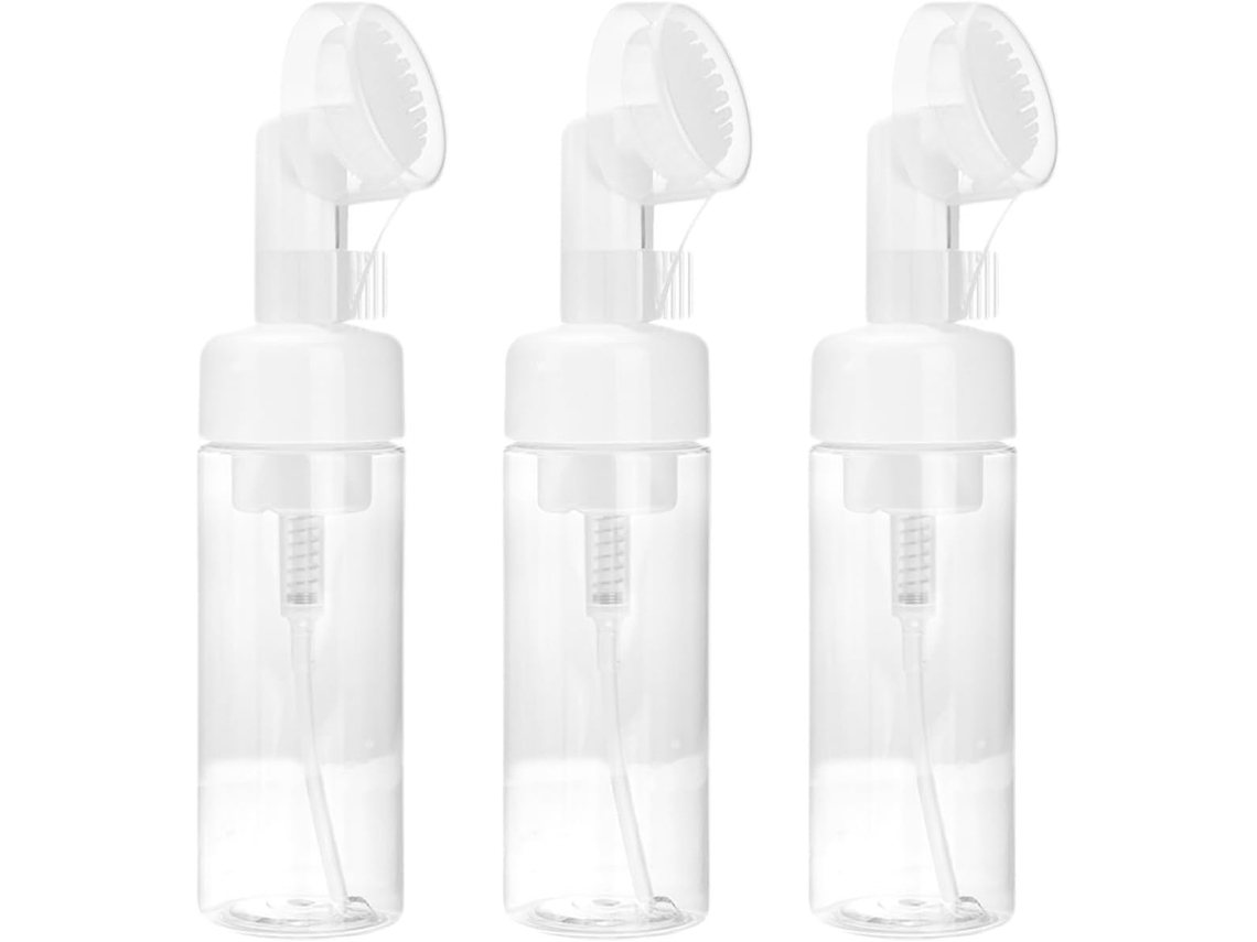 Conjunto de 3 garrafas vazias de espuma Pet de 150ml com escova para armazenamento.