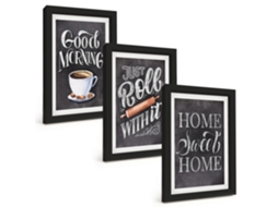 Conjunto De Pinturas Motivos De Cozinha Doméstica, Letras Moldura Preta Quadros Para A Sala De Estar Espelharte (3 Peças 20x30 Cm)
