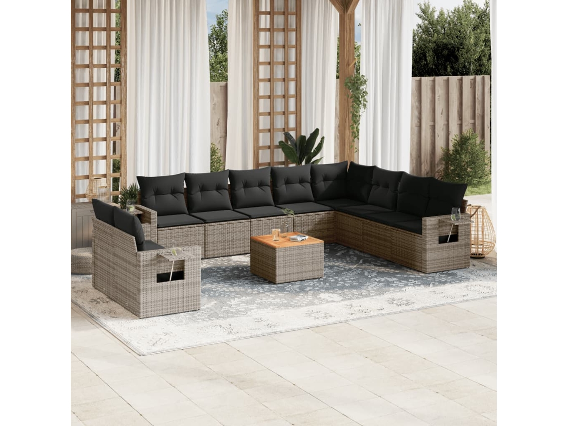 Vidaxl 11 Pcs Conjunto Sofás de Jardim C/ Almofadões Vime Pe Cinzento