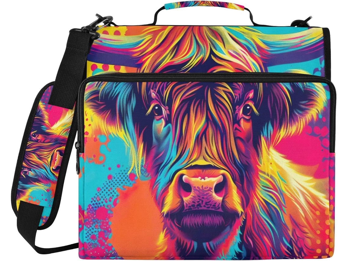 Organizador De Pastas Pop Art Highland Vaca, Com Zíper E 3-argolas Pastas Bolso Laptop, Tecido Impermeável