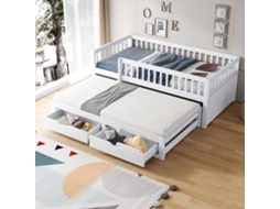Sofá Cama Em Madeira Maciça 90 X 200 Cm Grade De Segurança Completa, Cama Extensível Com 2 Gavetas E Estrado Branco Mobrio