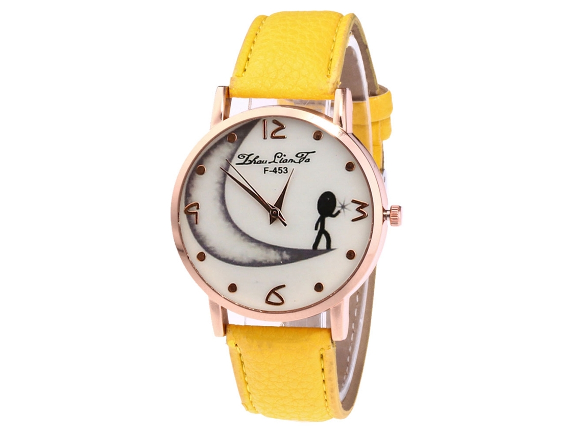 Relógio analógico de quartzo com pulseira de PU para mulheres e homens, mostrador amarelo com efeito luar.