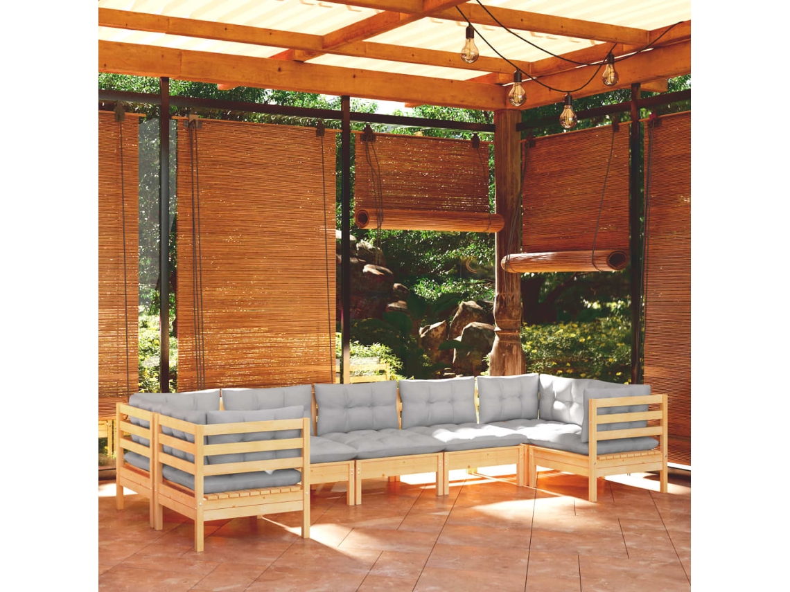 Vidaxl 7 Pcs Conjunto Lounge De Jardim C/ Almofadões Cinzentos Pinho