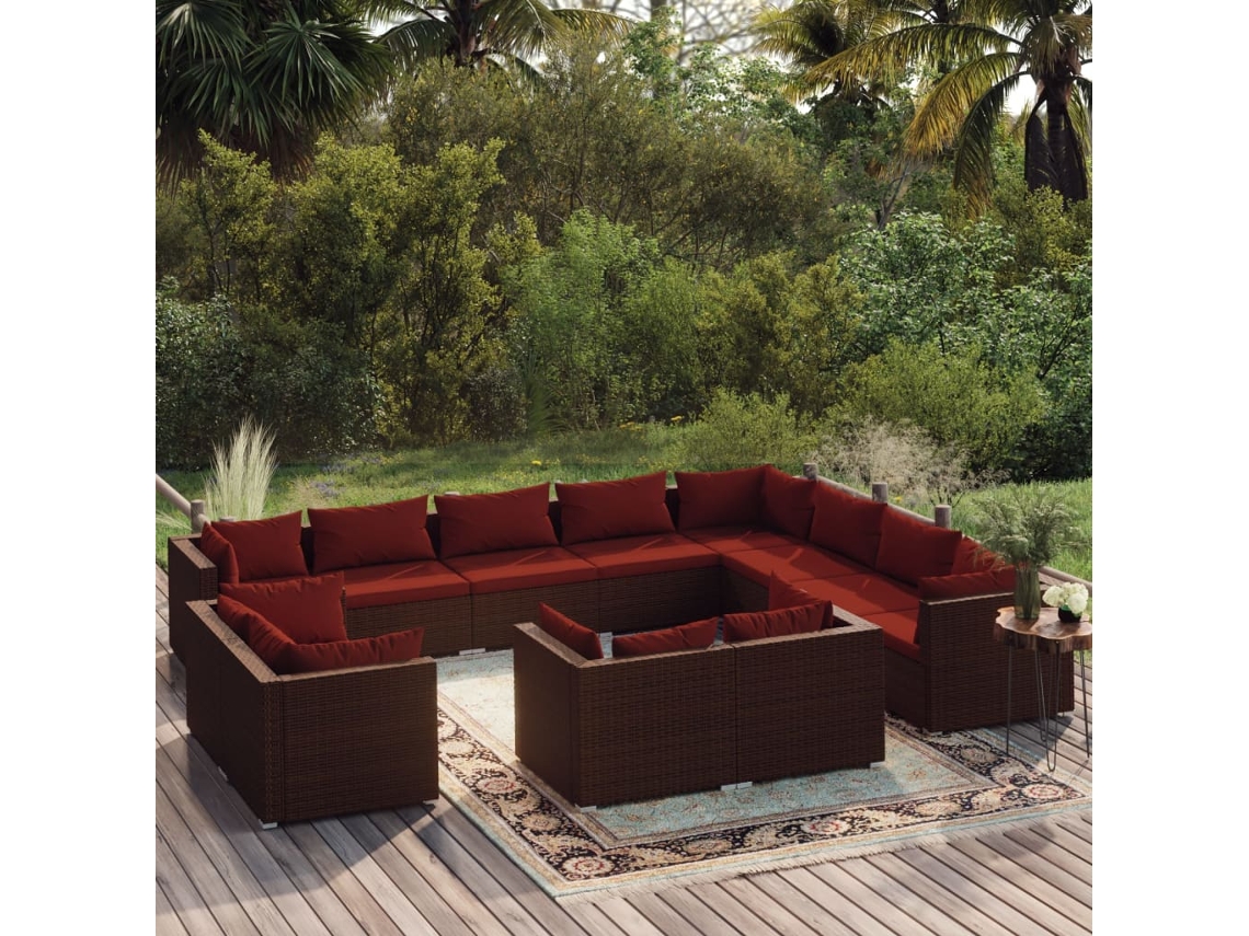 Vidaxl 12 Pcs Conjunto Lounge Jardim C/ Almofadões Vime Pe Castanho