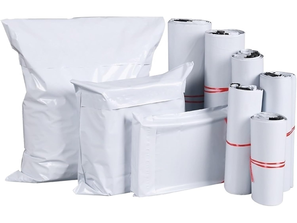 Pacote com 50 unidades de envelopes/sacos plásticos brancos para envio/envio postal, ideais para entregas expressas, armazenamento e embalagem.