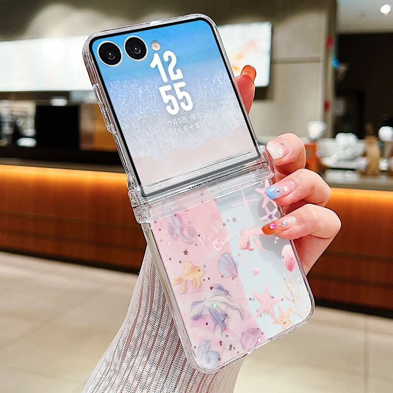 Capa Transparente Para Samsung Galaxy Z Flip 7 Com Estampa De Conchas, Feita De Material Rígido À Prova De Choque.
