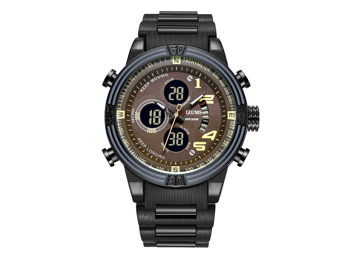 Relógio esportivo eletrônico masculino com pulseira de aço, plástico à prova d'água, preto/marrom