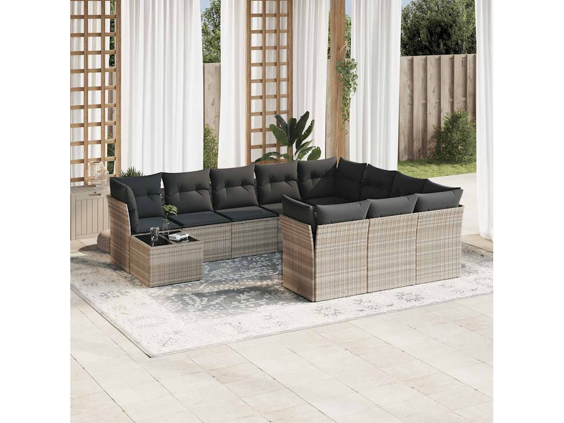 Vidaxl 11 Pcs Conjunto Sofás De Jardim C/ Almofadões Vime Pe Cinzento