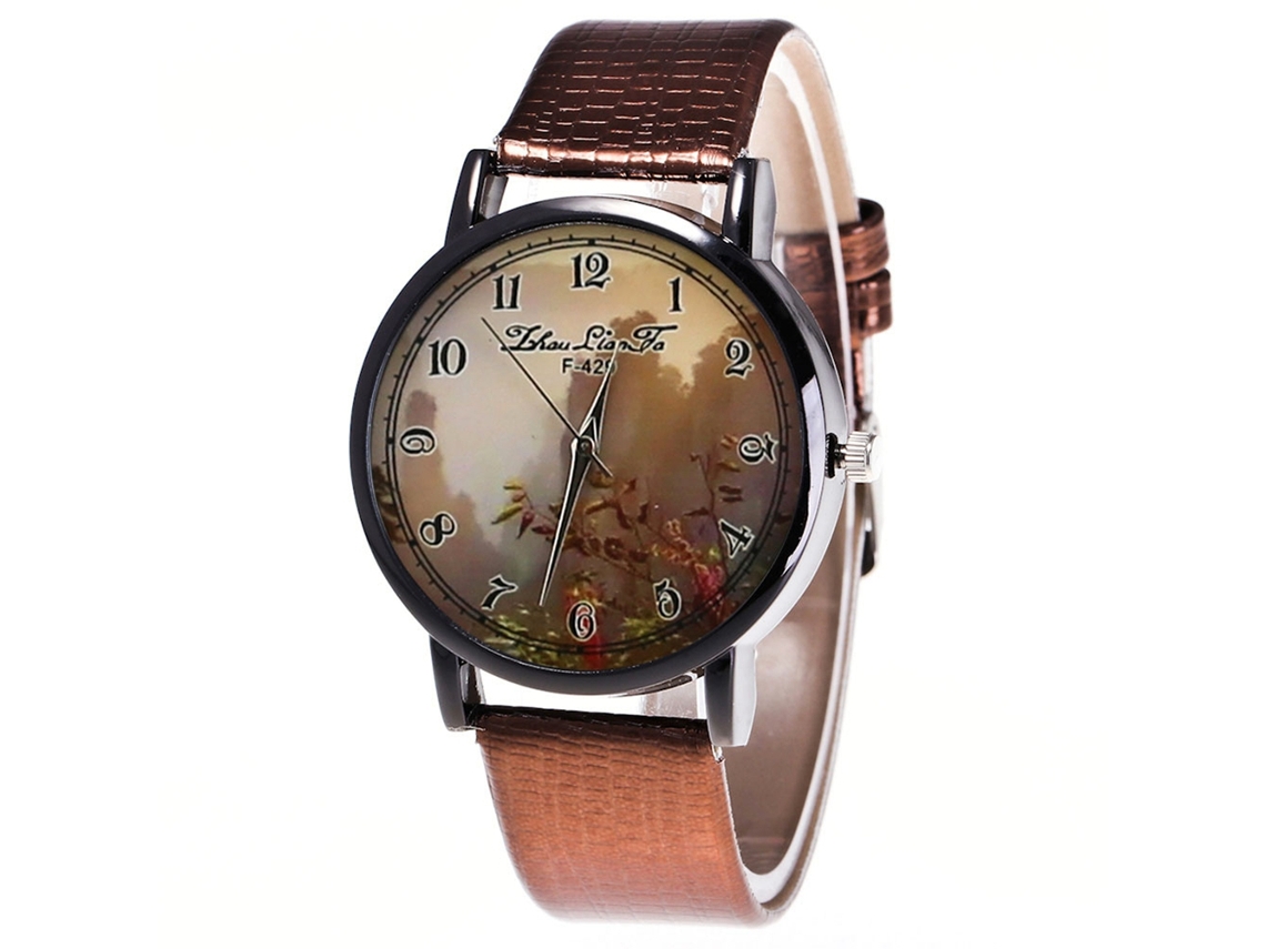 Relógio de pulso Zhoulianfa Coffee Quartz com pulseira de couro PU