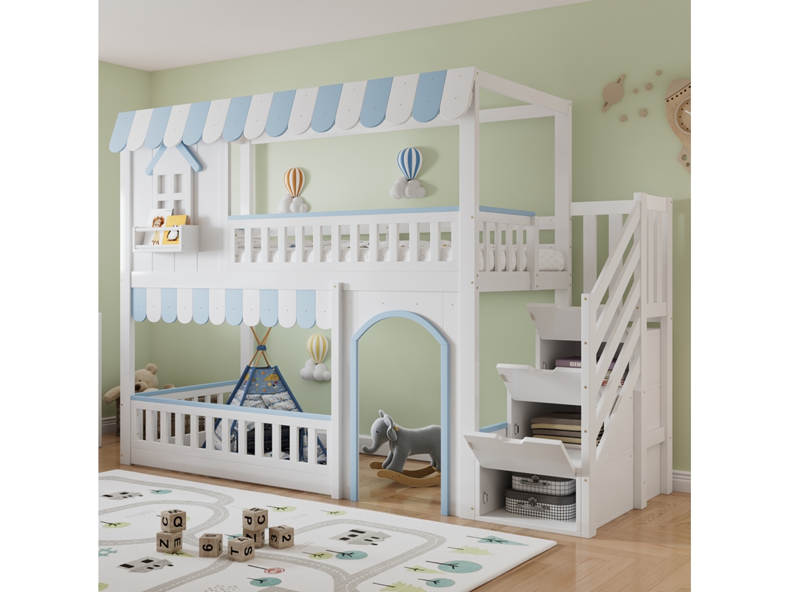 Cama Infantil Com Escada E Armário 90x200cm Branco E Azul