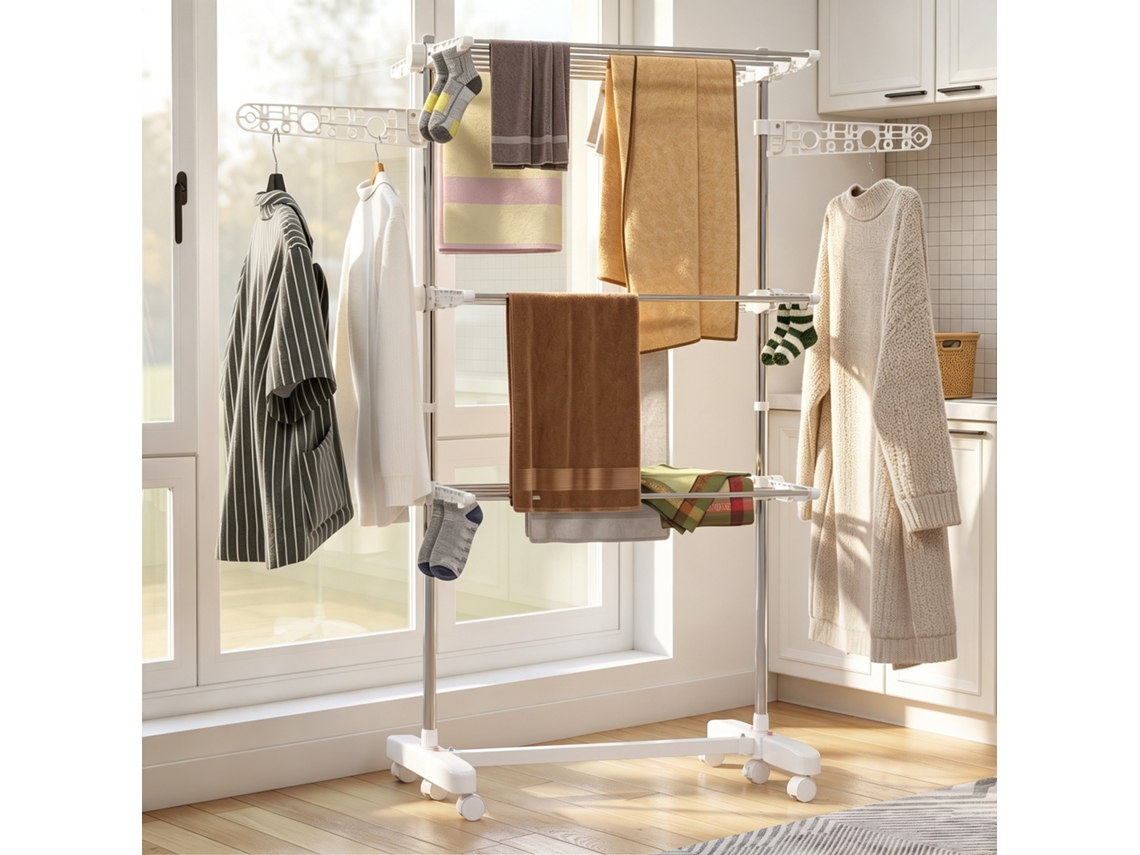 Mobile Clothes Airer Tumble Dryer 3 Tier Foldable Silver + White