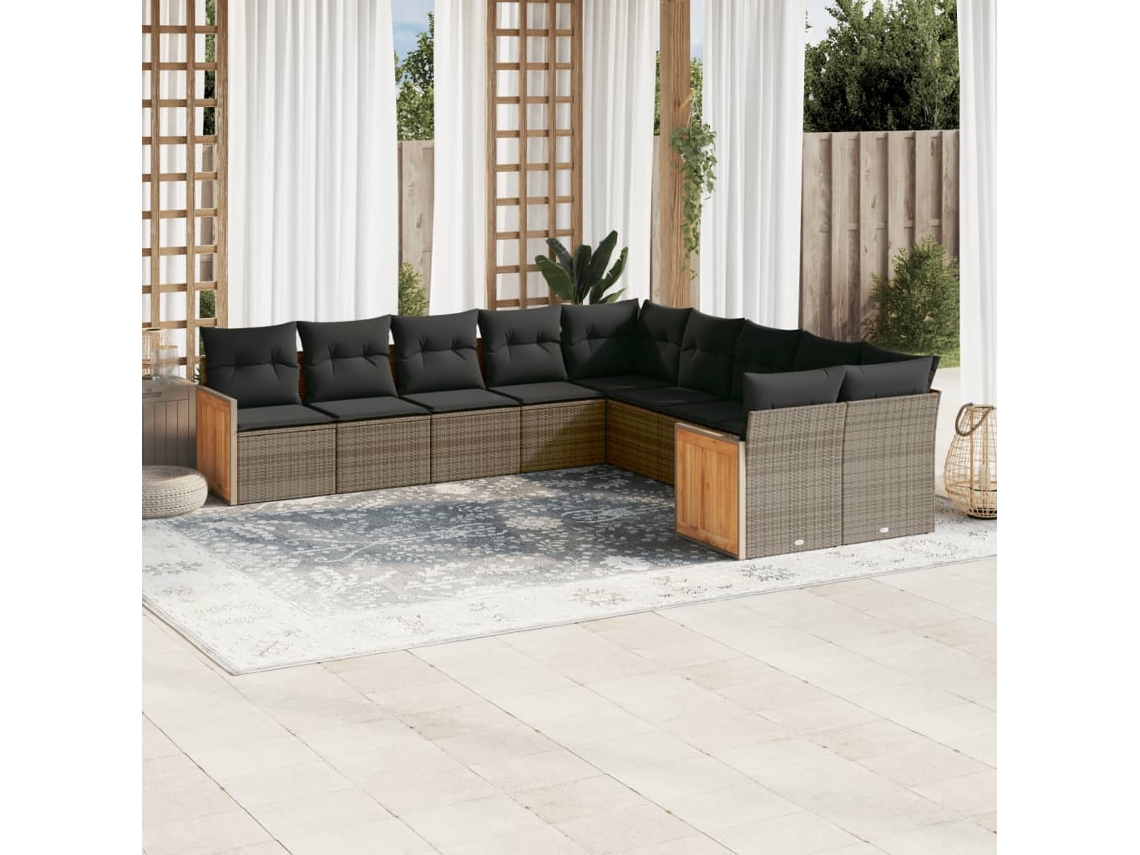 10 Pcs Conjunto Sofás De Jardim C/ Almofadões Vime Pe Cinza Dkd Home Decor