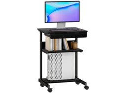 Mesa de PC com gaveta deslizante, 2 prateleiras e 4 rodízios em madeira e metal (56x51x79 cm) Preto | S/MARCA