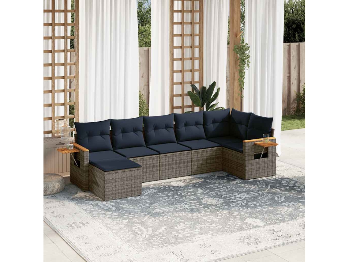 Vidaxl 7 Pcs Conjunto Sofás P/ Jardim C/ Almofadões Vime Pe Cinzento