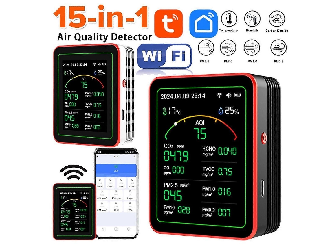 Lurelia Medidor De Qualidade Do Ar 15 Em 1 Pm0,3/pm1,0/pm2,5/pm10/hcho, Temperatura/humidade, Tuya Wifi, Com Visor Lcd, Laranja