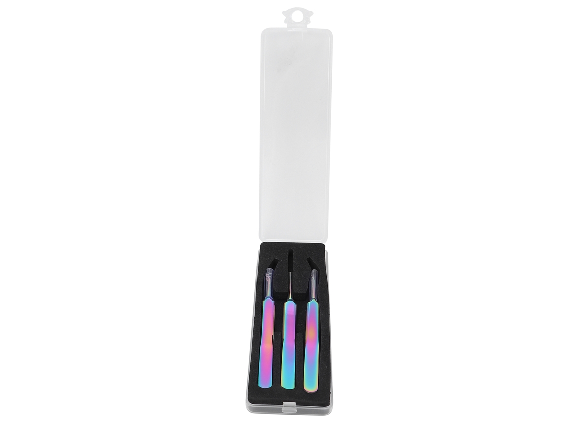 Conjunto de 3 pinças profissionais em aço inoxidável para extensões de cabelo e nail art.