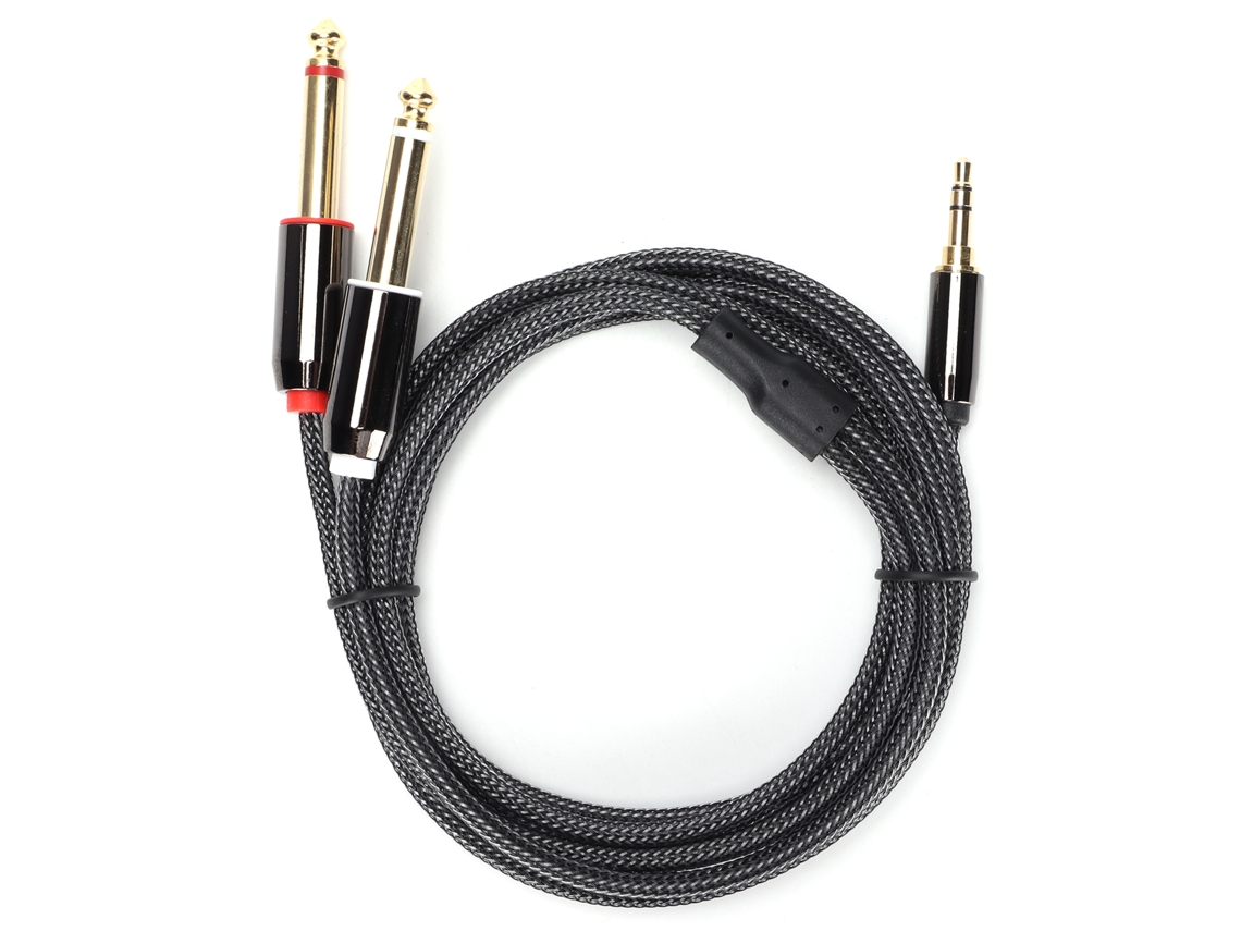 Cabo de Áudio 3.5mm para Dual 6.35mm Macho a Macho com conectores dourados