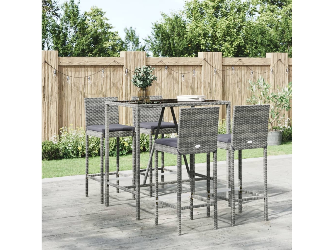 Vidaxl 5 Pcs Conjunto De Bar P/ Jardim C/ Almofadões Vime Pe Cinzento